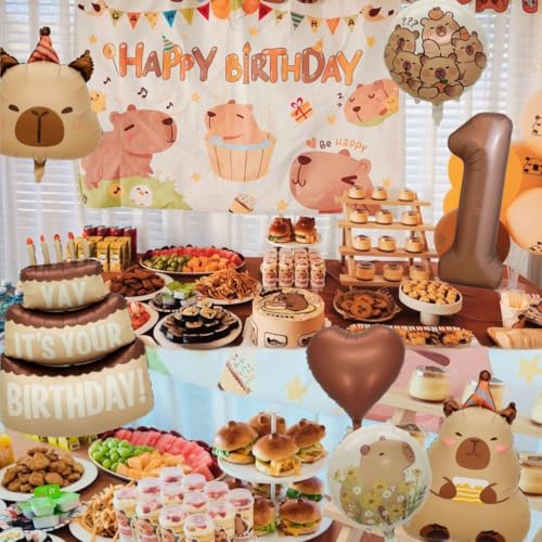 Image of Capybara Birthday Foil Balloon Set, 8-Piece Party Decor (1) | Reusable foil balloon set with capybara, cake,number . Perfect for birthday, baby shower, gender reveal & themed parties