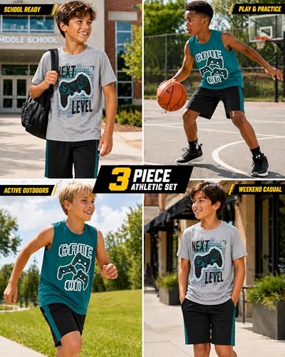 Image of Pro Athlete Boys Active Shorts Set - 3 Piece Athletic Dry Fit Graphic Tees Tank Tops and Basketball Shorts for Boys