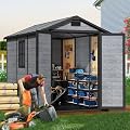 Pipleo 8x5.5 FT Outdoor Storage Resin Shed with Floor, All-Weather Plastic Garden Shed with Lockable Door & Windows, Waterproof Tool Shed for Backyard, Patio, Lawn, Tools Storage - Wood Grain