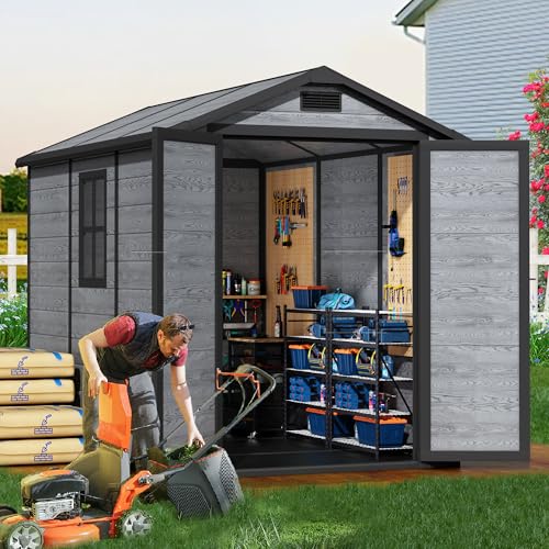 MOOITZ 8.7x5.5 FT Resin Storage Shed, Weather-Resistant Outdoor Storage Shed with Floor Included, Windows, Lockable Doors and Vents, Outside Plastic Tool Sheds for Garden, Lawn, Backyard, Wood Grain