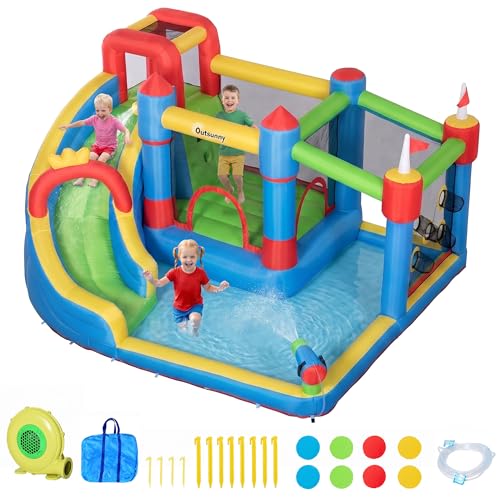 Outsunny Château Gonflable 6 en 1 Aire de Jeux avec Pistolet à Eau Toboggan Trampoline piscines + 3-8 Ans avec gonfleur et Sac de Transport...
