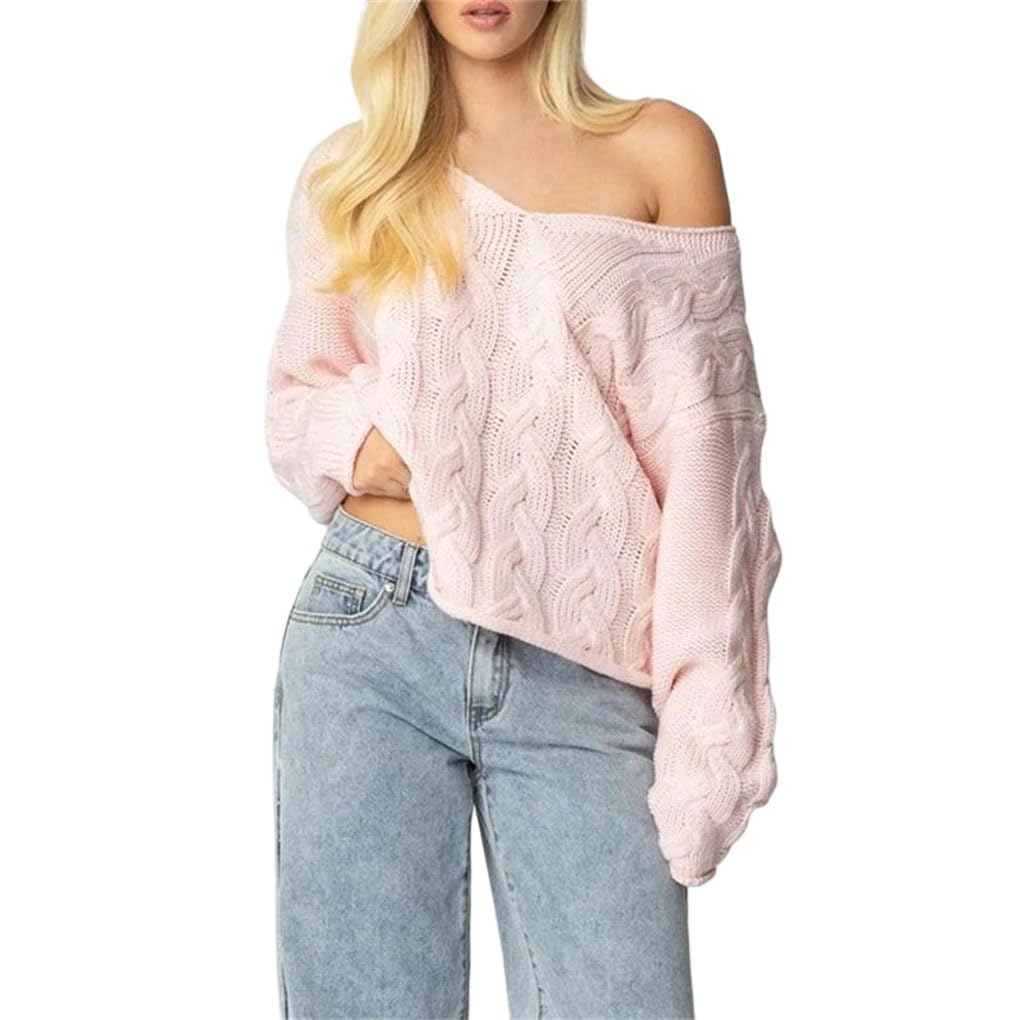 Women Knit Sweaters Loose Fit Solid Color V Neck Off Shoulder Long Sleeve Casual Pullover Sweater
