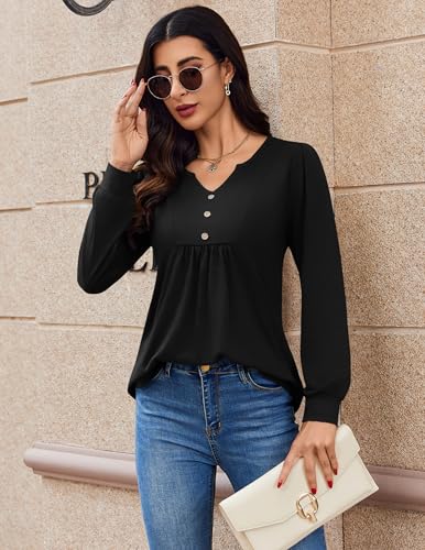 Image of Zeagoo Womens Long Sleeve Tops Fall V Neck Shirt Casual Pleated Tunic Top