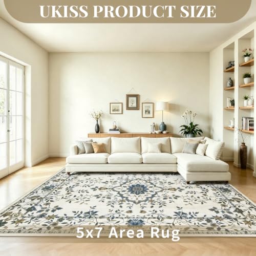 UKISS Washable Rugs 5'x7' Area Rugs for Living Room ，Ultra Silky Floral Rug for Bedroom, Vintage Indoor Floor Large Area Rug，Non Slip Low Pile Carpets for Home Office Blue - image 2