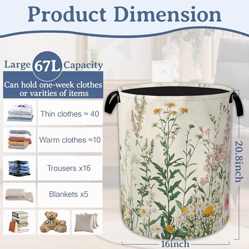 Image of Wildflowers Laundry Hamper With Handle,Foldable Oxford Cloth Vintage Herb Flower Botanical Laundry Basket,20.8 inchx16 inch Clothes Storage Basket for Laundry Room /Bedroom /Bathroom
