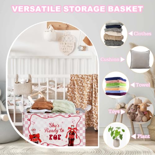 Image of Shes Ready To Pop Baby Shower Decorations,Pink Storage Baskets,Ready To Pop Nursery Decor,Large Square Canvas Laundry Hamper With A Waterproof PE Coating,Foldable Kids Toy Clothes Bins for Bedroom