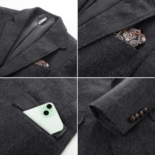 PJ PAUL JONES Men's Casual Blazer Vintage Tweed Wool Blend Suit Notch Lapel Winter Sport Coats Dark Gray4