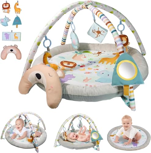 DMG Baby Gym Play Mat with 6 Toys - Multi-Stage Activity Mat for Tummy Time Lie & Sit Play Machine Washable Cover with Non-Slip Bottom Newborn Infant Developmental Toy for Sensory Motor Skills