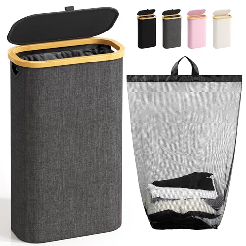 Schmaler Wäschekorb mit Deckel, 75L Laundry Baskets, Faltbare Wäschesammler mit Herausnehmbarem Innenleben, Schlafzimmer, Badezimmer, Waschküche,...