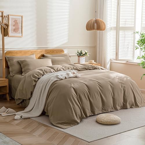 Image of JELLYMONI Cotton Duvet Cover Twin Size - Khaki Comforter Cover with Button 100% Washed Cotton 2PCS Breathable Soft Solid Bedding Set Duvet Cover 68x90in & 1 Pillowcase (NO Comforter)