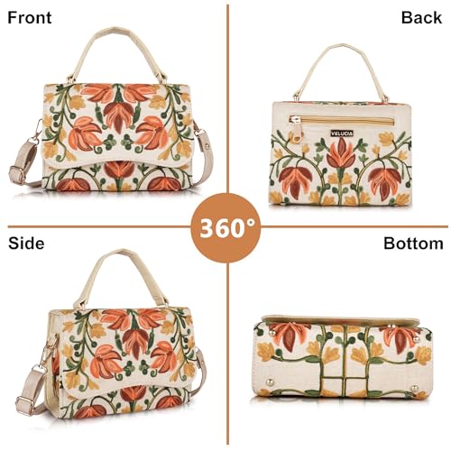 Image of Floral Embroidered Crossbody Sling Bag with Top Handle, Vintage Style Canvas for Women