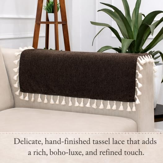 Image of STITCHNEST Jute Sofa Arm Cover with Tassels | Elegant Textured Hand Rest Protector | Durable & Long-Lasting | 18 x 22 Inches