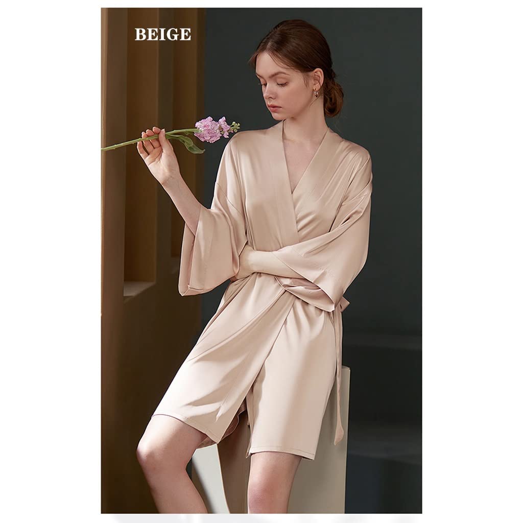 MTFBQ Seidenpyjamas Nachthemd Für Frauen Neuer Sommer Eisseide Dünnes Nachthemd Sexy Bademantel Brautjungfer Hochzeit Morgenmantel Langarm Knielänge (Color : Beige, Size : S-84cm)
