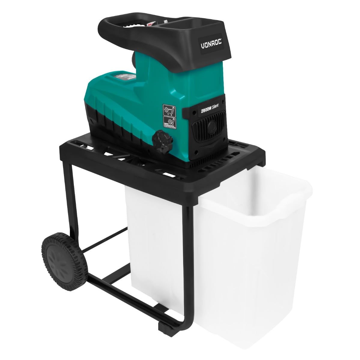 VONROC Trituratore elettrico 2800W Silenzioso – Trituratore Rami fino a Ø45mm con Rullo in Acciaio, Funzione Reverse, Contenitore 60L, Sicurezza Anti‑Sovraccarico