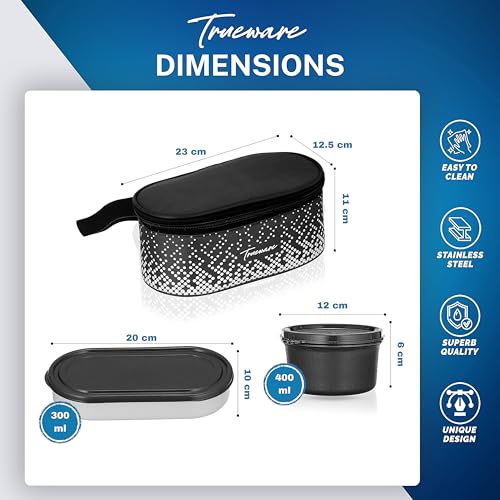 Image of Trueware Omaga Lunch Box with Insulated Fabric Jacket, 2 Microwave Safe & Leak Proof Inner Stainless Steel Containers 400ml Each & 1 Plastic Oval Chapati /Rice Container Tiffin for Office, College