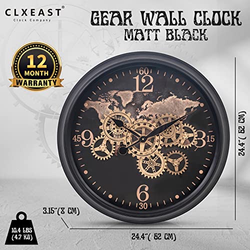 Clxeast 24 Inch Wall Clock With Moving Gears,Large Industrial World Map Black Gold Metal Wall Clock For Modern Living Room Decor, Silent Non Ticking Unique For Office,Farmhouse #TOP1