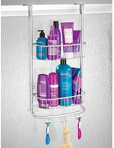 mDesign Over Door Shower Caddy  Practical Metal Shower Shelves with no Drilling Required  Hanging Shower Storage Baskets for All Your Shower Accessories on 2 Tiers  Silver