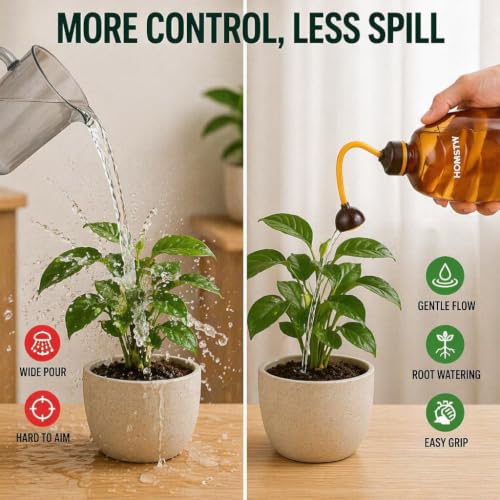 Image of Watering Can for Indoor Plants & Succulents 450ML, 2-in-1 Watering Can for Seedlings Bottle with Bend Mouth, Plastic Succulent & Flower Watering Bottle for Indoor, Garden & Home Plants (Brown)