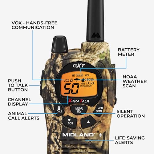 Image of Midland GXT1050VP4 GMRS Two-Way Radio (50-Channel, Long Range, 142 Privacy Codes, SOS, NOAA, Rechargeable Nickle Battery, Mossy Oak Camo, 2-Pack)
