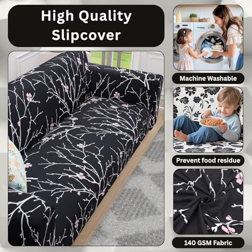 Image of Lukzer 3 Seater Sofa Cover - Black Stem | 360 Fully Covered Anti-Slip Washable Couch Cover Protecter | 140 GSM Stretch Fit Polyester + Spandex Slipcover (180-200cm /SC-001-03)