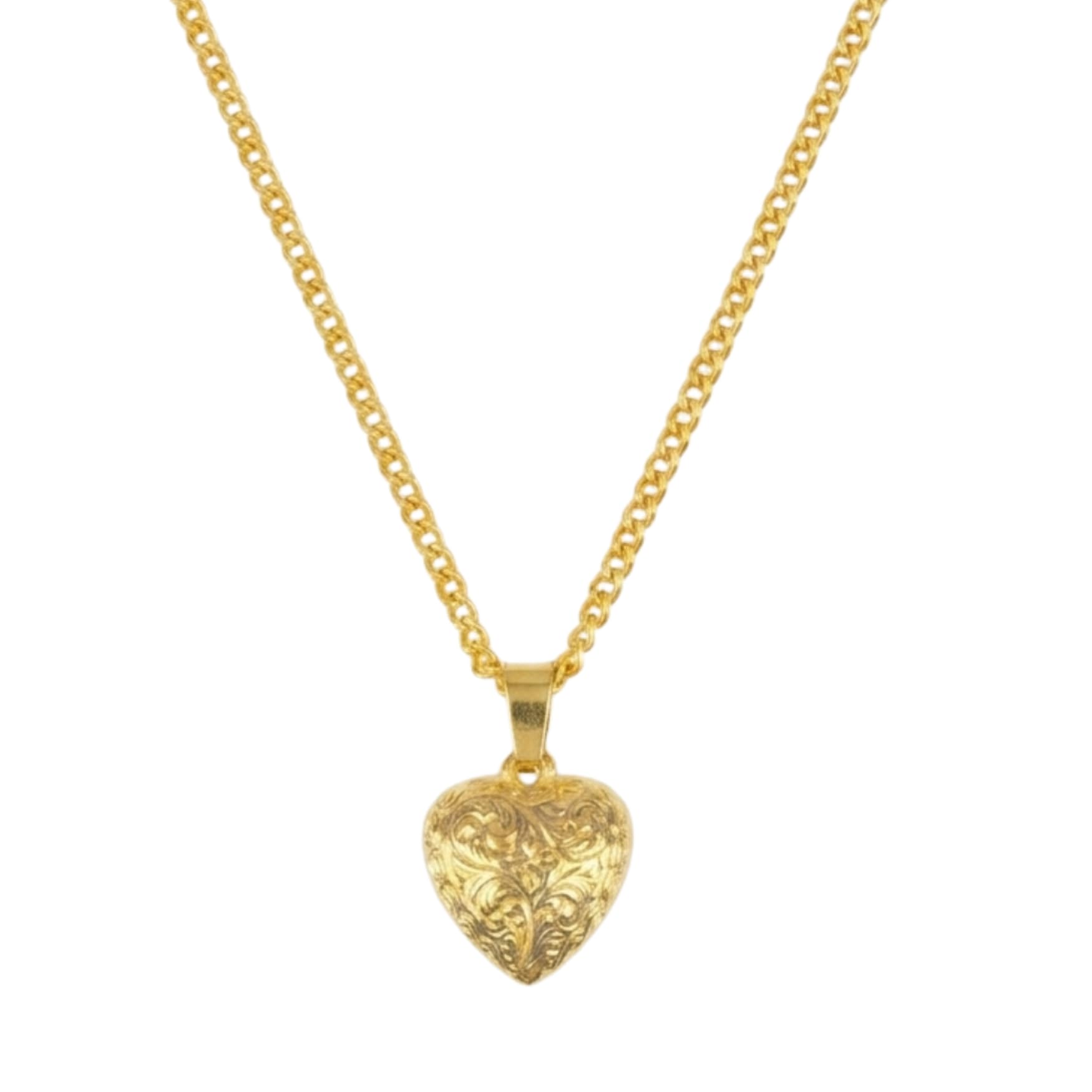 Gold Plated Embossed Heart Pendant Necklace for Women and Men Textured Puffed Heart Locket with Curb Chain Romantic Fashion Jewellery for Girls & Boys-image-4