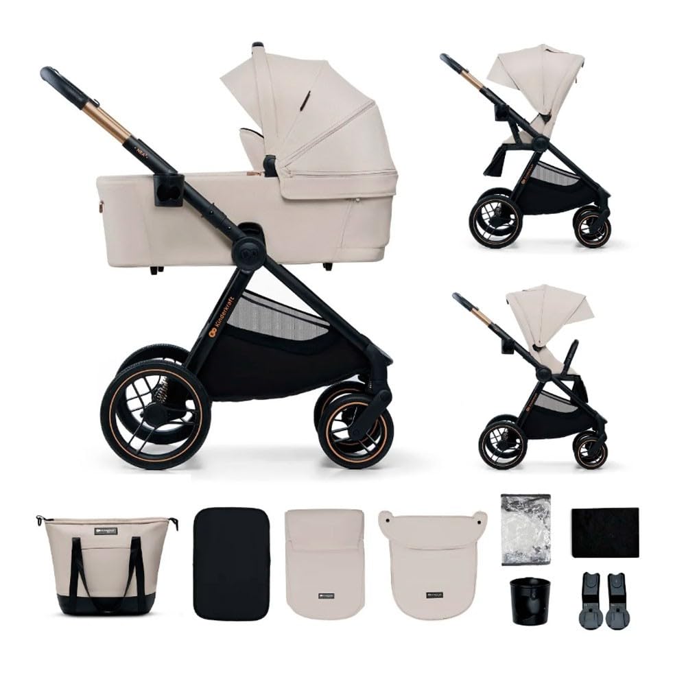 Kinderkraft NEA 2 Silla de paseo desde el nacimiento hasta los 22 kg, Plegable con una mano, Posición reclinable, Capota grande, 4 ruedas amortiguadas, UPF 50+, Cesta hasta 5 kg, Beige