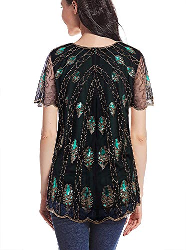 Vijiv Women's 1920s Vintage Beaded Evening Top Art Deco Scalloped Hem Peacock Sequin Embellished Blouse Tunic3