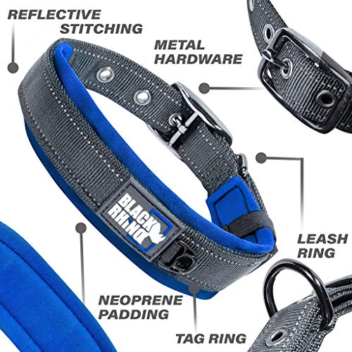 Black Rhino - The Comfort Collar Ultra Soft Neoprene Padded Dog Collar for All Breeds - Heavy Duty Adjustable Reflective Weatherproof (Small, Blue/Grey)