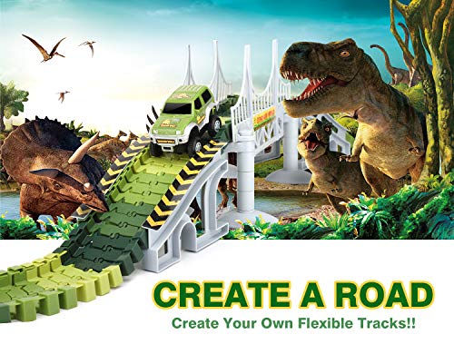 Zooawa Dinosaur Track Toy 142PCS Car Race Tracks Train Set Railway Playset with Flexible Speedway Railroad, Car Racing Toys, Bridge and Dinosaur Figures for Kids and Toddlers, Colorful