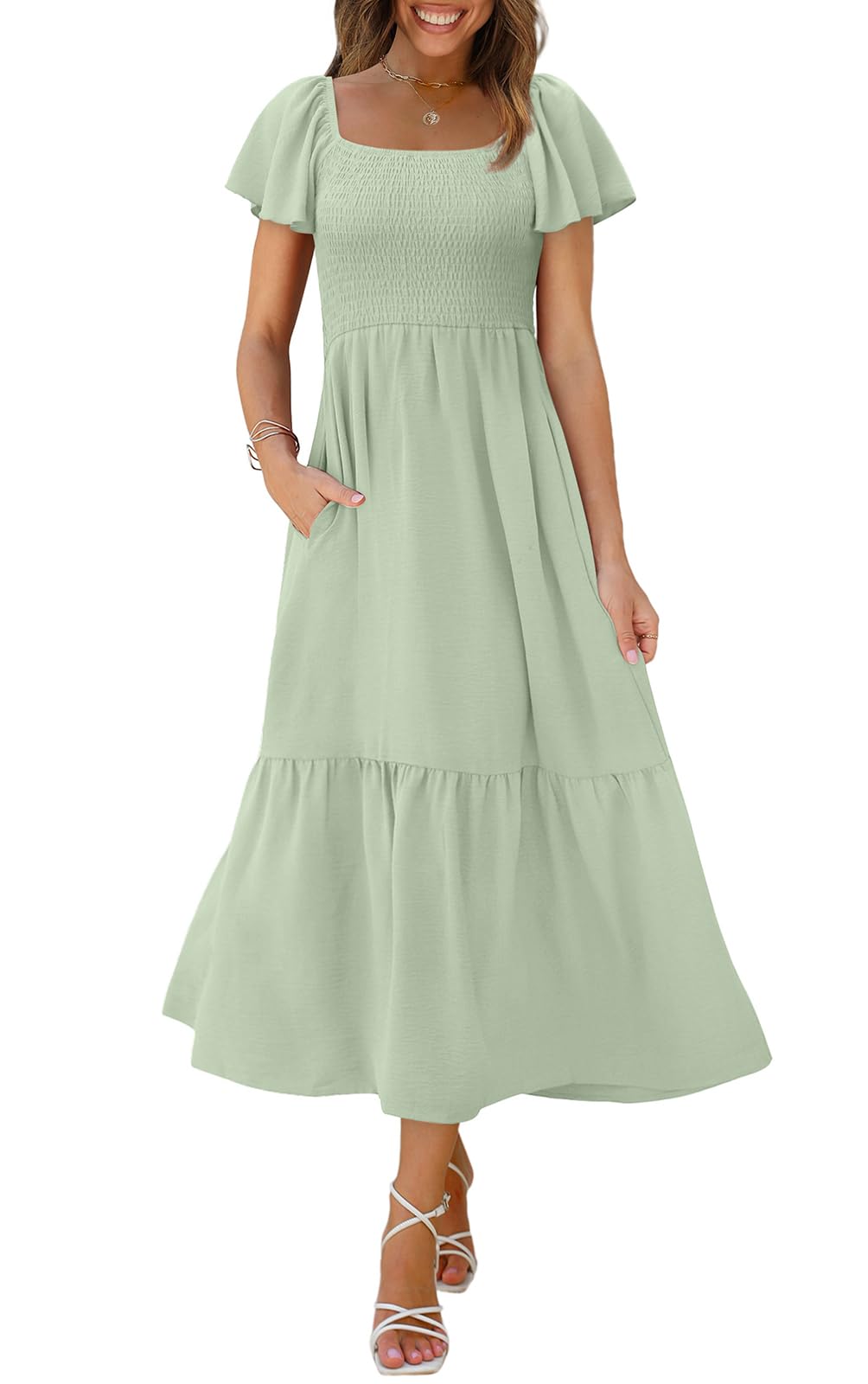 OFEEFAN Summer Dresses for Women Square Neck Ruffle Sleeve Smocked Maxi Dress with Pockets