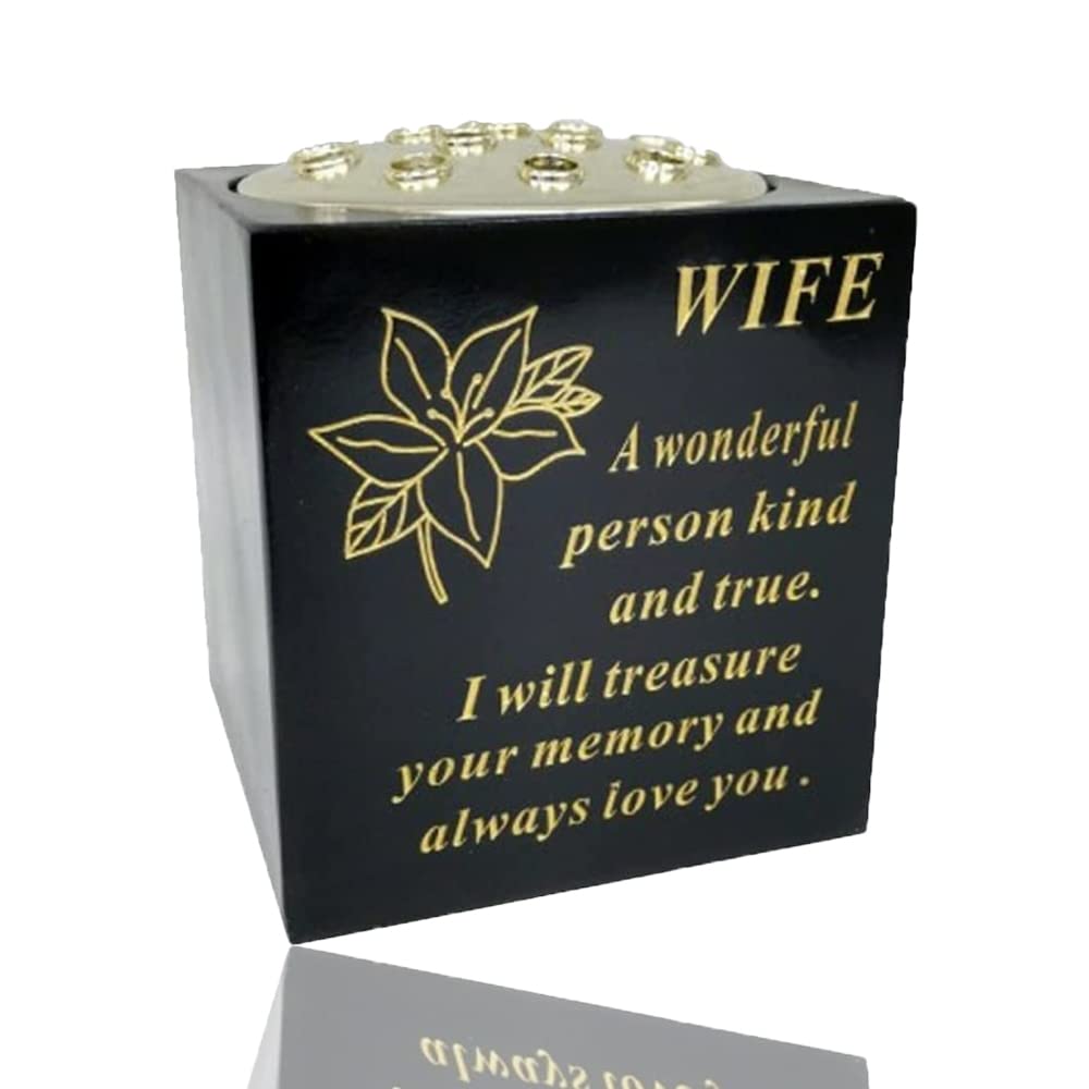 Yaldram Black And Gold Wife Graveside Flower Pot Verse Weatherproof Graveside Tribute Ornament Grave Rose Bowl_14 x 15cm (Black & Gold, Wife)