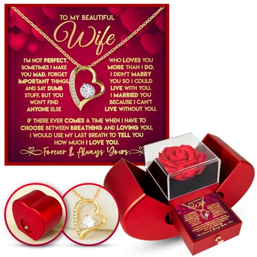 To My Beautiful Wife Necklace From Husband with Heartfelt Message Necklace for wife from husband Birthday Valentine Day Anniversary Romantic Gift for her (Forever Love-18K Yellow Gold with Red Heart Rose Box I am not perfect)