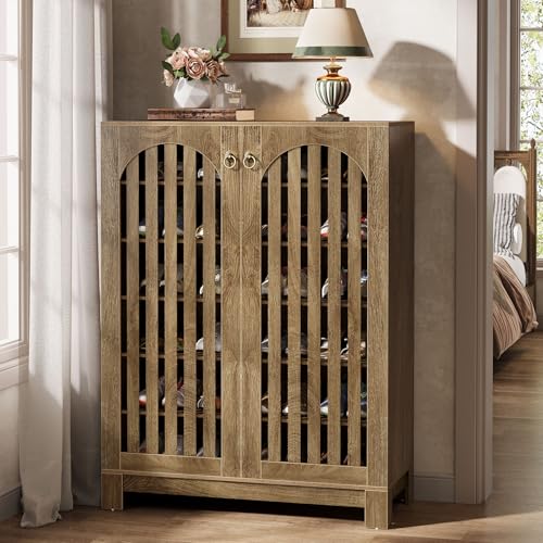 Image of Tribesigns Shoe Cabinet with Shutter Doors, 6-Tier Shoe Storage Cabinet, Entryway Shoe Rack Organizer with Adjustable Shelves for Living Room, Hallway, Natural Wood