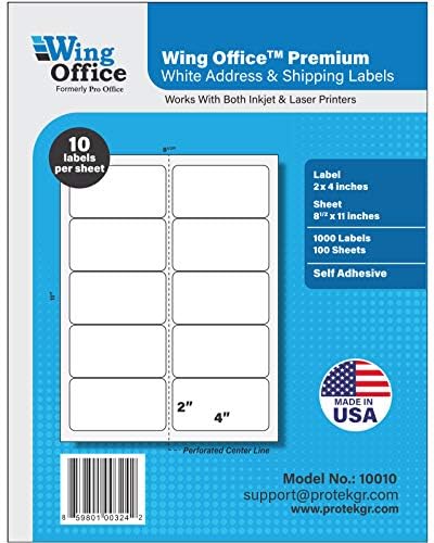 Pro Office Premium 1000 Self Adhesive Shipping Labels for Laser Printers and Ink Jet Printers, White, Made in USA, 2 x 4 Inches, Pack of 1000, Same Size As 8163 and More