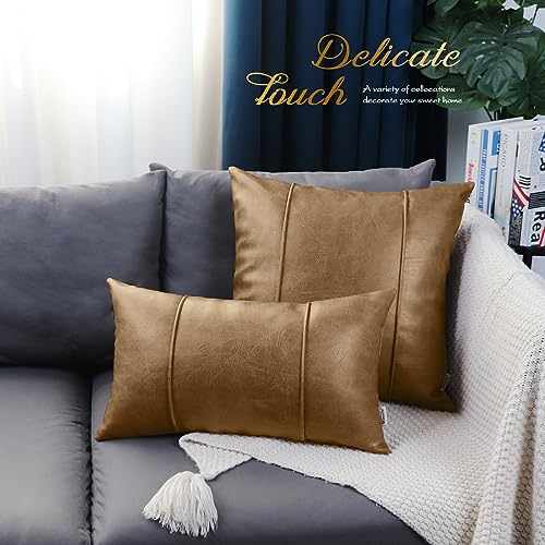 Image of BRAWARM Taupe Leather Throw Pillow Covers 16 X 16 Inches - Faux Leather Pillow Cover with Piping, Hand Stitched Leather Throw Pillow for Couch Sofa Bed Living Room Home Decorative
