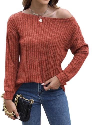 Image of Womens Sweaters Long Sleeve Shirts for Women Drop Shoulder Boat Neck Lightweight Tops Dressy Casual Trendy Caramel