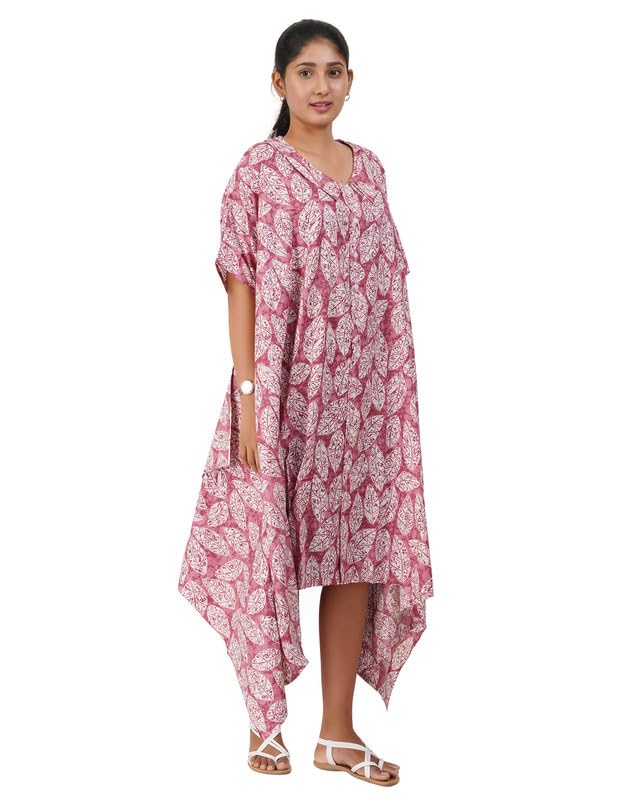 Image of MENMAII Women's Cotton Designer Dress|Fits up to 3XL| Front Open Button Down | Asymmetrical Hem | Chelsea Collar | Drop Shoulder | Flowy Loose Fit | Knee Length | Free Size [Pink Leaf]