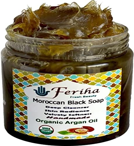 FERIHA Moroccan Black Soap with Organic Argan Oil, 100% Natural, Artisan Beldi Soap