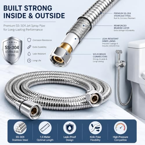 Image of Premium 304 Stainless Steel,Kink-Free, Leak-Proof, High Pressure,Shower Hose extendable, with EPDM Inner Tube, 1.5 Meter, for Hand Showers and Health faucets in high end Luxury bathrooms