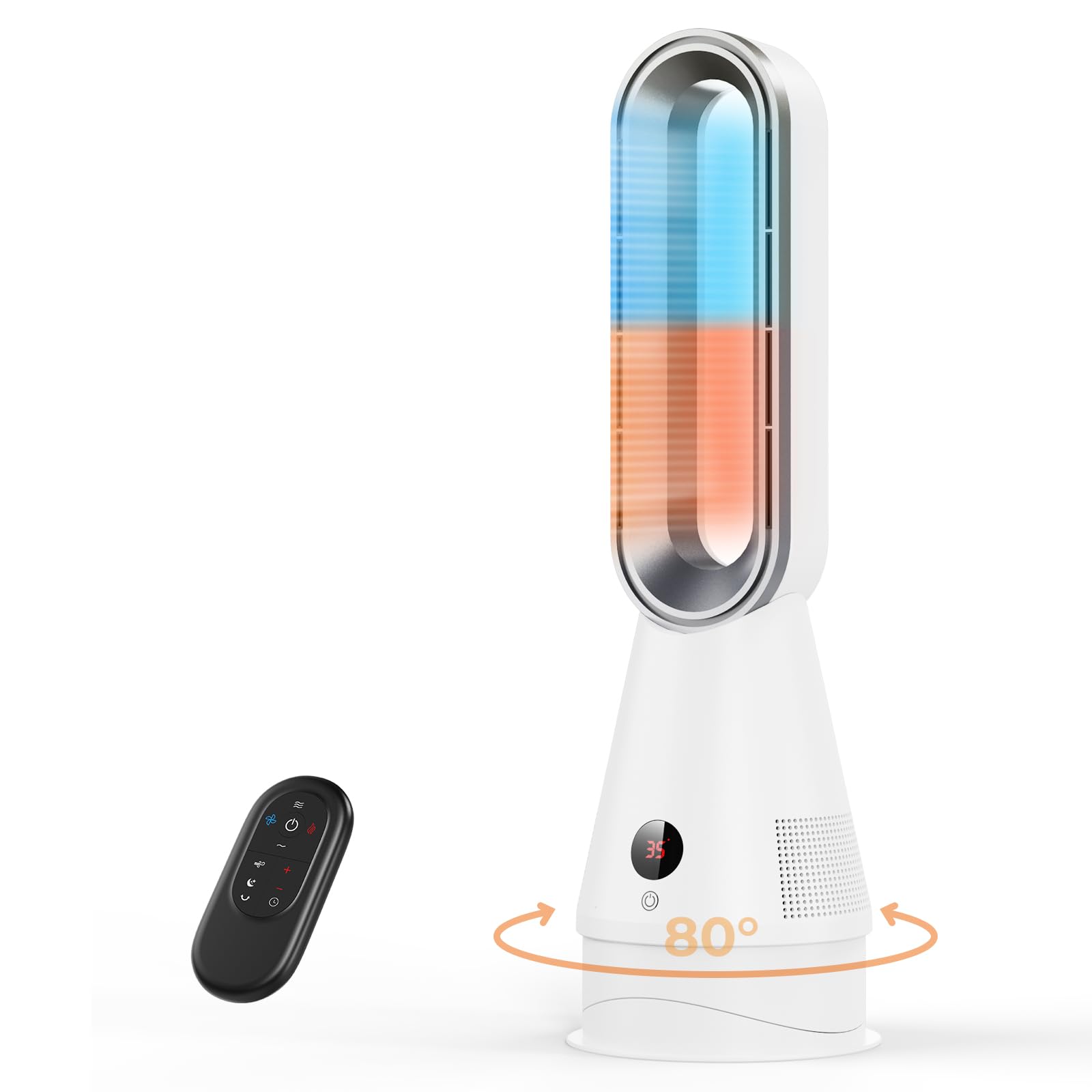 AIYATO 2-in-1 Rotorloser Turmventilator & Heizlüfter - 1600W, 30dB Leiser, 80° Oszillation/3-Gang-Modus/8 Geschwindigkeiten/9H Timer, Heizung mit Fernbedienung für Bad/Wohnzimmer/Schlafzimmer/Büro