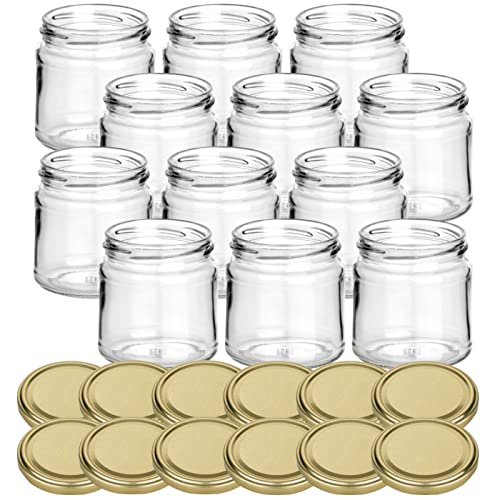 gouveo Set de 12 tarros de Mermelada 250g Miel con Tapa de Rosca Color Oro - Tarros pequeños con Tapa de Rosca TO66 - Tarros vacíos para conservas, tarros para Especias