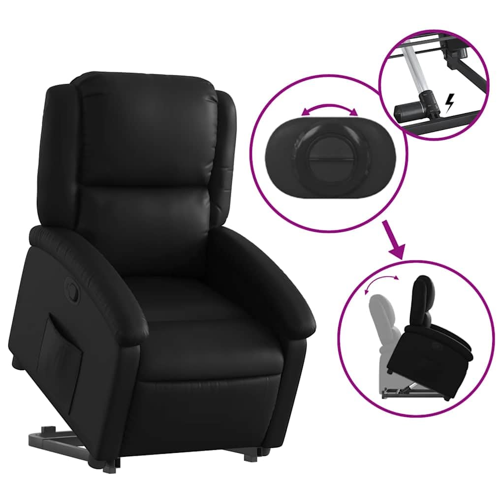 Relaxsessel mit Aufstehhilfe Schwarz Kunstleder, verstellbar mit Elektromotor, gepolstert mit Schaumstoff, Holz Metall Gestell, ergonomisch für Wohn- und Schlafzimmer, bequemer Lounge Sessel