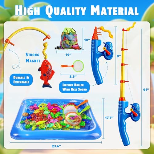 Jeu de Pêche à la Ligne Magnétique XXL 56 Pcs avec Pataugeoire - Jouet d'eau & Piscine pour Enfant 3 4 5 Ans - Set pour Plage, Jardin & Bain incluant 4 Cannes à Pêche, 4 Épuisettes & Pompe – vue 3