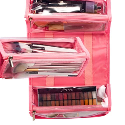 Water Resistant 4 In 1 Hanging Roll Up Travel Toiletry Bag Makeup Cosmetic Storage Case Hair Beauty First Aid Kits Organizer Bag Lol Doll Toy Storage Case With 4 Removable Pvc Zipper Pouch (Pink) #TOP5