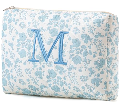 HBselect Initial Makeup Bag, Quilted Makeup Bag, Cotton Large Travel Makeup Bag, Cute Floral Coquette Make up Bag Cosmetic Bag Toiletry Bag for Women Girls M