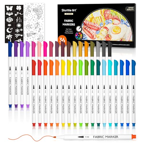 Shuttle Art Rotulador Textil Permanente y Lavable, 36 Colores Rotuladores para Tela con 11 Plantillas 1 Hoja de Tela, Rotuladores Textiles para Niños Adultos para Ropa T-Shirts Jeans