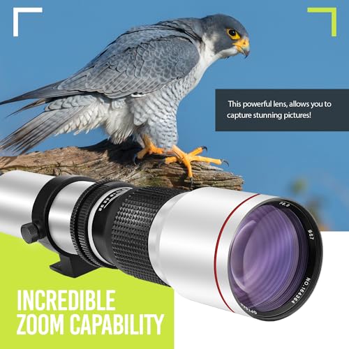 High-Power 500mm/1000mm f/8 Manual Telephoto Lens for Canon EOS 80D, 90D, Rebel T3, T3i, T5, T5i, T6i, T6s, T7, T7I, T8I, SL3, 60D, 70D, 5D, EOS5D IV, 6D II, 7D II SLR Cameras - White