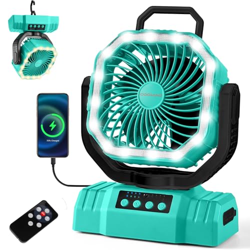 Odoland Portable Camping Fan with LED Lantern, 20000mAh Rechargeable Battery Powered Fan with Auto Oscillation, Timer, Remote, 360° Rotation Hook, 4 Speeds for Power Outage Travel Home, Caya