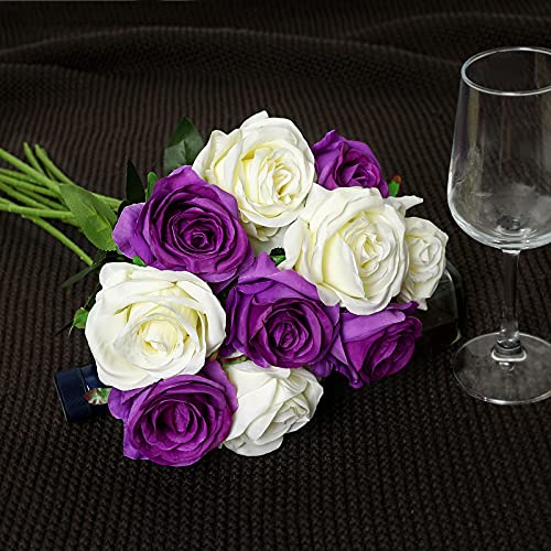 Floralsecret 13 Pcs Artificial Silk Rose Flower Bouquet Faux Flowers(White&purple), White,purple, 20 inches x 3.5 inches - Image 3