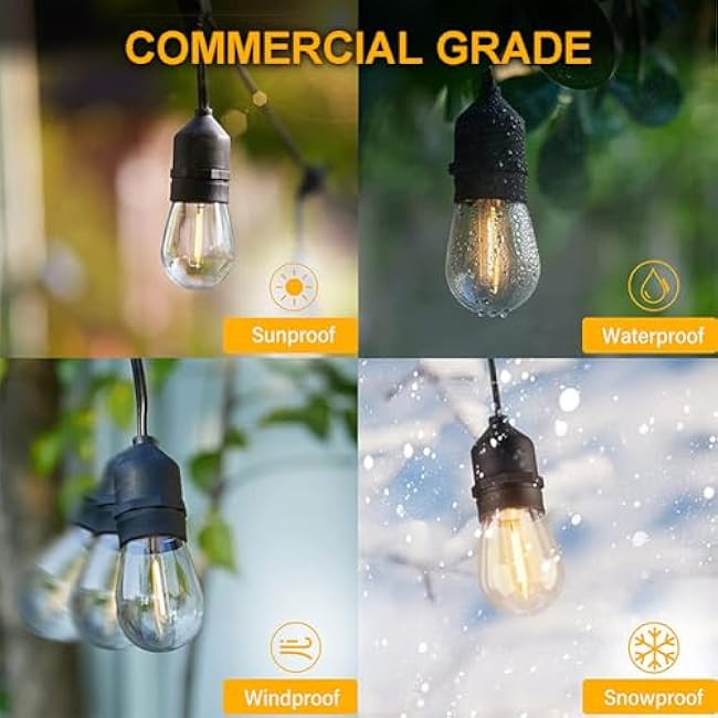 24 Feet Outdoor String Lights | IP65 Waterproof with 13 Shatterproof LED Bulbs | Warm White Patio Lights for Garden, Cafe & Wedding - 5-Minute Tangle-Free Setup with Hooks